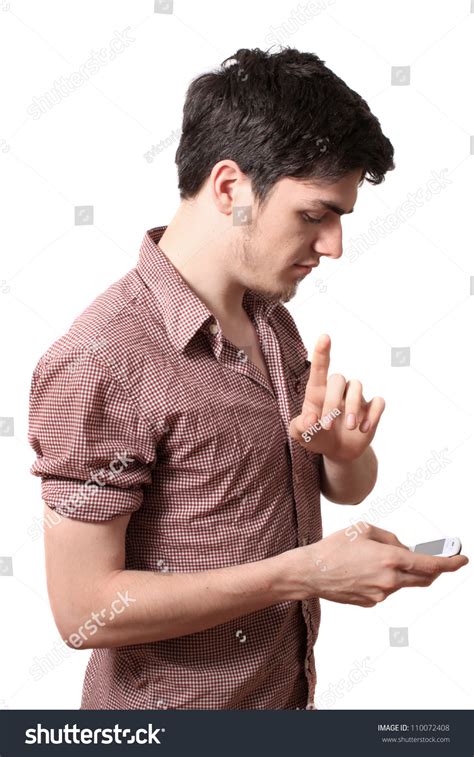 eighteen year  young man holding  cellphone   finger