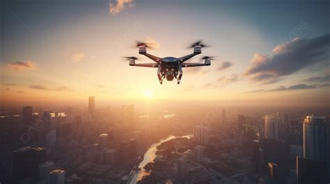 drone flying   city  sunset background  rendering flying drone  cityscape