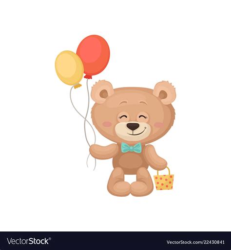 smiling teddy bear holding balloons   bag