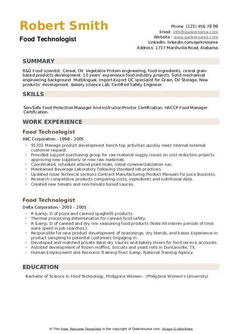 food technologist resume samples qwikresume