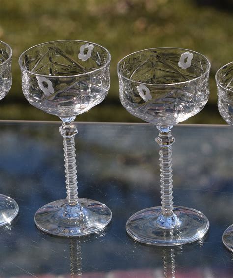 vintage etched crystal liquor ~ wine cordial glasses set of 5 circa