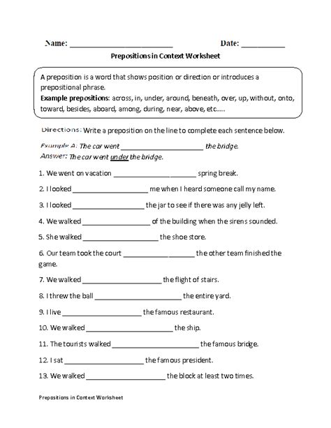 prepositions worksheets prepositions  context worksheet