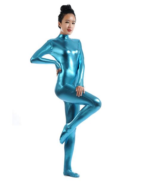 light blue shiny metallic catsuit zentai suit