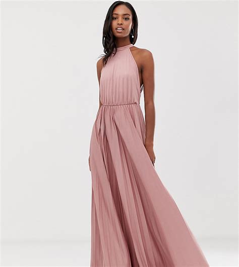 asos design tall geplooide lange jurk met halternek roze tall fashion