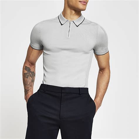 grey  zip muscle fit knitted polo shirt river island