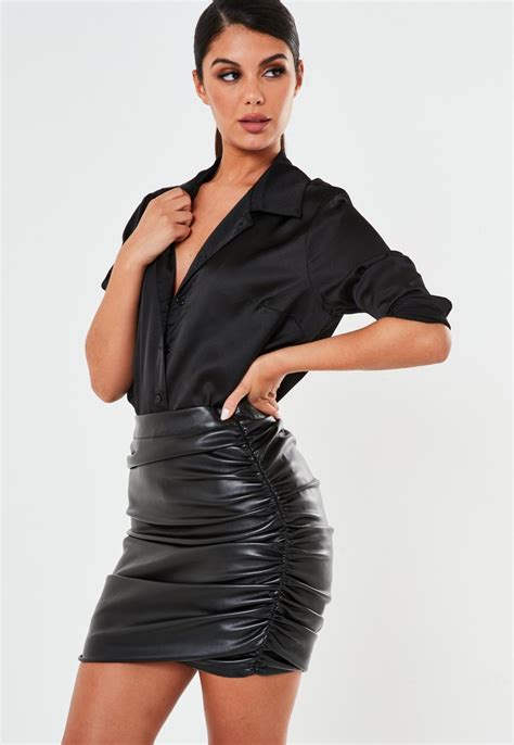 black faux leather ruched mini skirt missguided