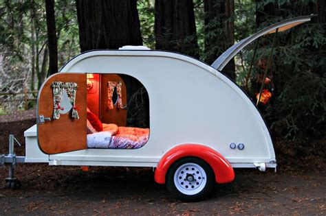 camp weathered lets  rent  vintage teardrop camper   weekend   woods