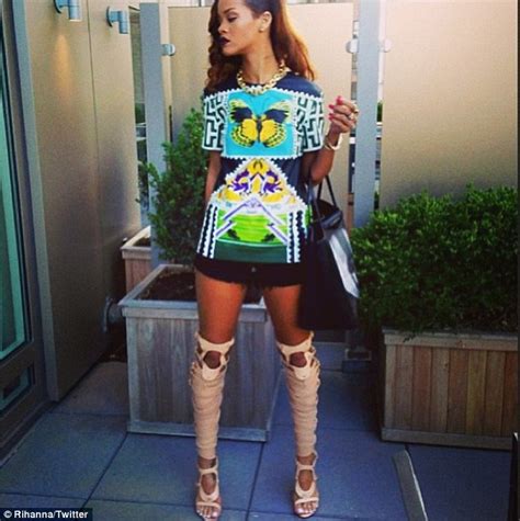 rihanna reveals her enviable thighs as she wears hot pants with over the knee bondage sandals