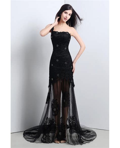 sexy black sheer tulle lace prom dress with one shoulder strap h76099