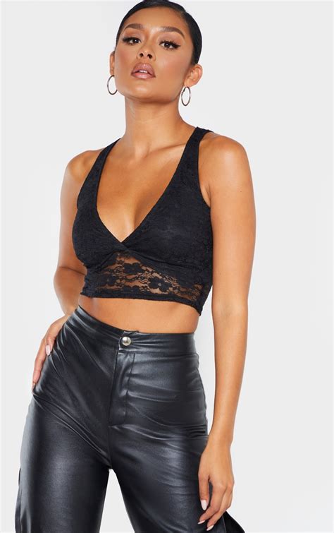 Black Lace V Neck Crop Top Tops Prettylittlething