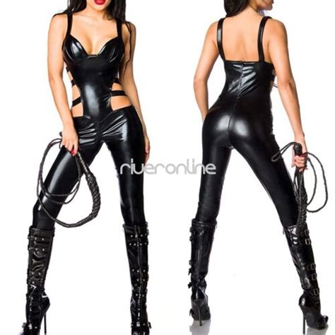womens wet look leather catsuit bodysuit clubwear costume lingerie