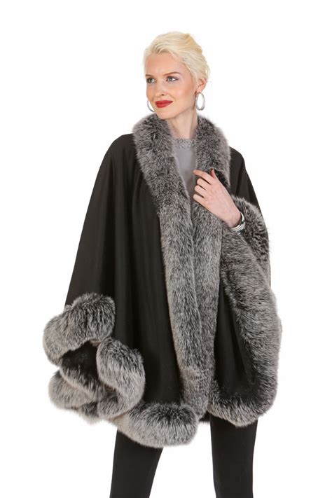 frost fox fur trimmed cashmere cape  women black  ebay