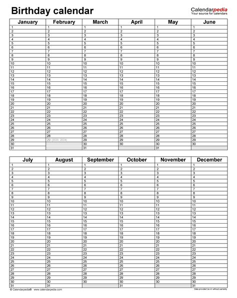 birthday calendar template excel printable word searches