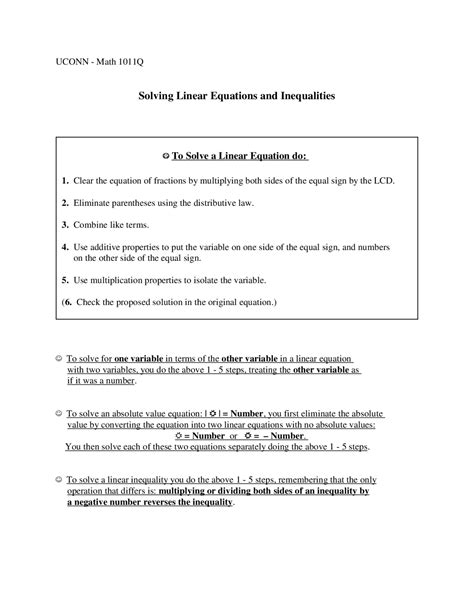 Solving Linear Equations And Inequalities Math 1011 Docsity