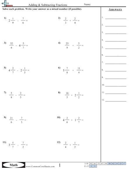 addition  subtraction fraction worksheets fractions worksheets