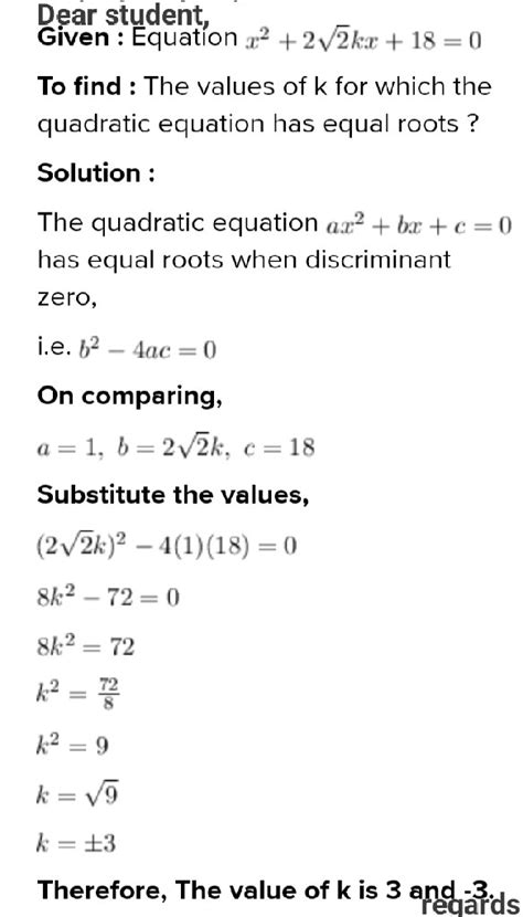 Find The Values Of K For Which The Quadratic Equation X Square 2 Root