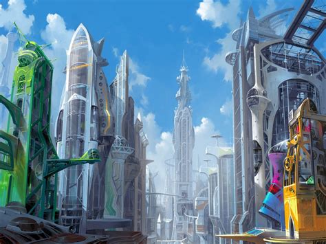 futuristic city  tall buildings  lots  colorful objects   foreground