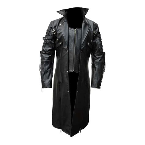 Mens Real Black Leather Goth Matrix Trench Coat