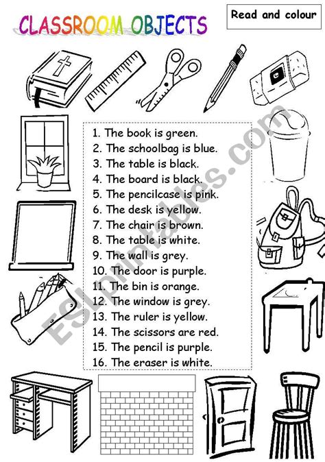 classroom objects esl worksheet  paskalya