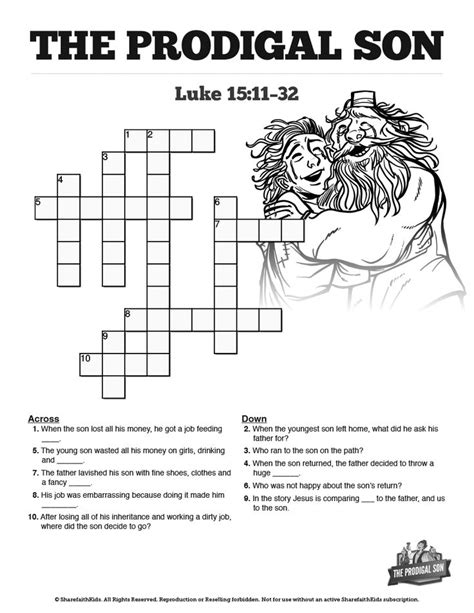 prodigal son sunday school crossword puzzles  prodigal son