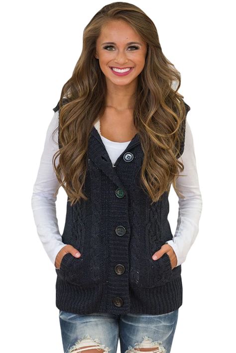 black cable knit hooded sweater vest chicsyou sweater vest women sweater vest hooded sweater