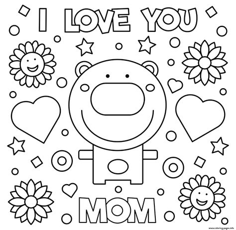 mothers day  love  mom bear hearts flowers coloring page printable