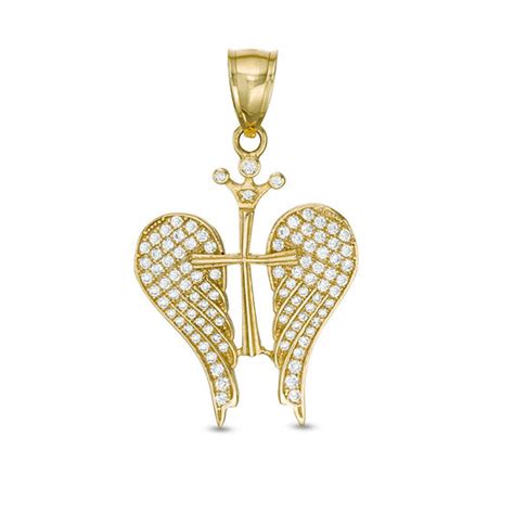 cubic zirconia crown accent cross  angel wings necklace charm