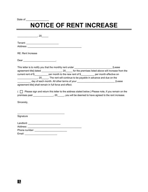 rent increase notice letter printable  word