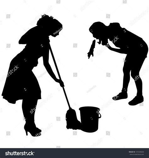 vector silhouette cleaning lady on white stock vector 181640630