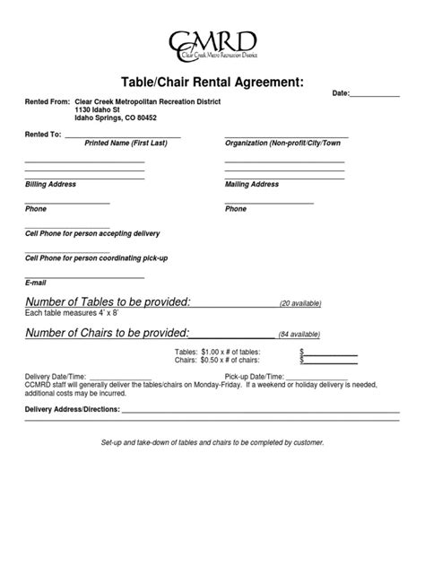 table  chair rental agreement  indemnity renting