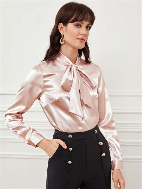 pink pastel tie neck button front satin blouse cs