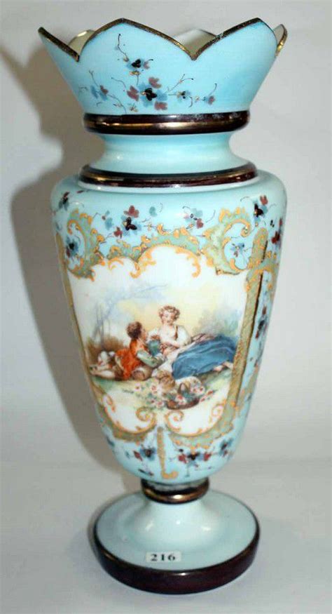 A Late Victorian Milk Glass Vase In Powder Blue Depicting A