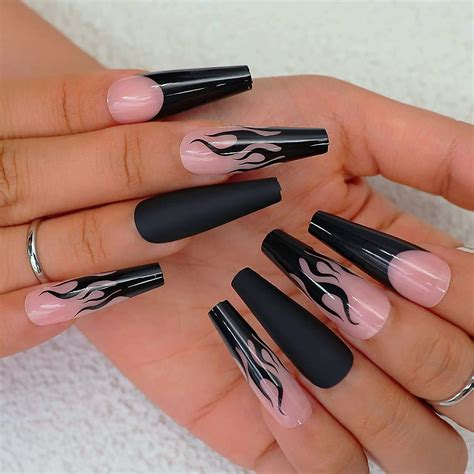 pcs long nails black flame fake nails matte false nails full cover