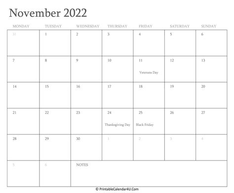 november  calendar printable  holidays
