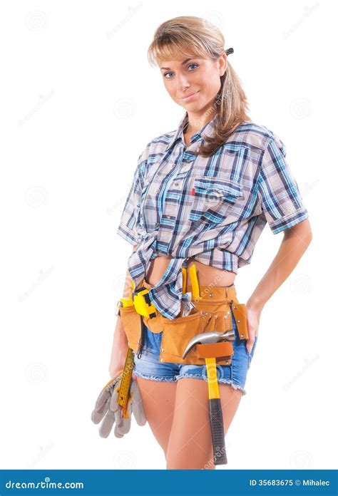 smiling young female construction worker isolated  white stock image image  claw holding