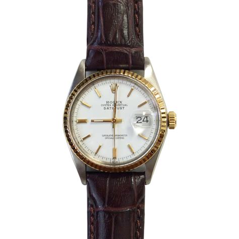vintage rolex datejust   white dial  leather strap