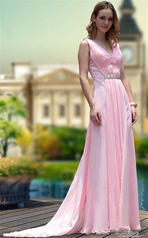 Pink V Neck Beaded Pleated Celebrity Prom Ball Gown Long
