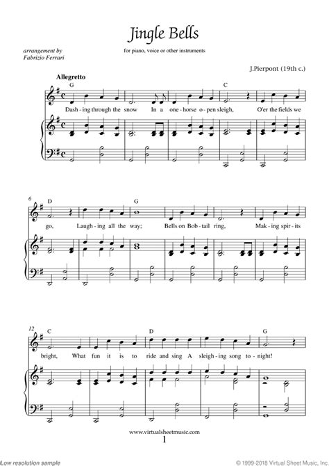 jingle bells piano sheet  easy  lyrics
