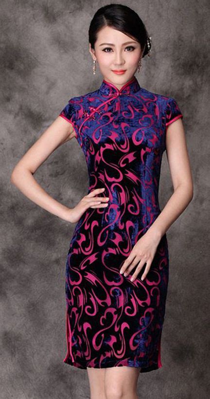 elegant blue purple silk velvet short cheongsam chinese qipao dress dresses cheongsam dress