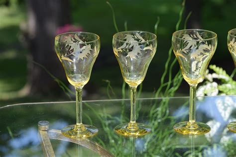 vintage etched yellow wine glasses set of 4 elegant tall yellow