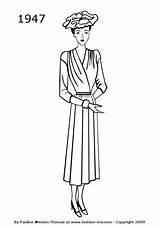 Fashion 1947 1940 1950 Colouring Costume Silhouettes Silhouette History 1940s Era Dresses Dress Coloring Drawings Look Pages Adult Vintage Sketches sketch template