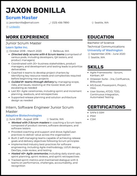 entry level scrum master resume examples