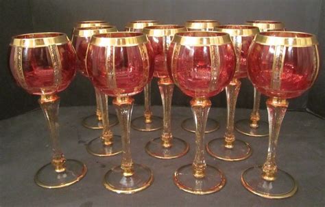 Moser Cranberry Gold Gilted Wine Glasses With Scrollwork Gold Wine