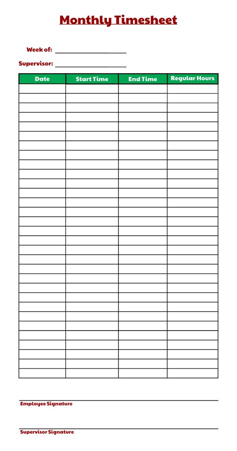 printable basic monthly timesheet template printable templates