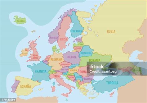 politisk karta oever europa med faerger och graenser foer varje land och