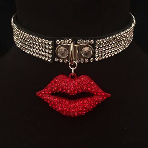 Handmade Punk Gothic Leather Choker Fetish Collar Crystal Shiny Red Lip