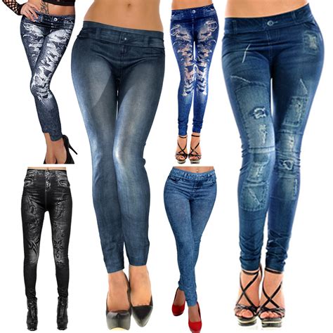 Women Faux Denim Jeans Look Stretchy Pencil Leggings Jeggings Tight