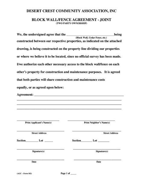 fillable  block wallfence agreement desert crest fax email