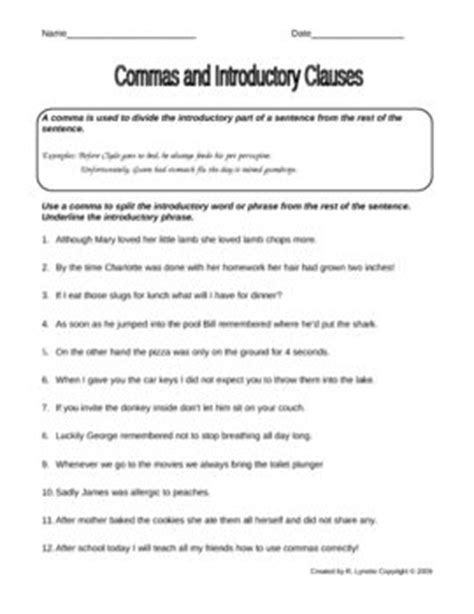 commas  introductory phrases worksheet grammar teaching