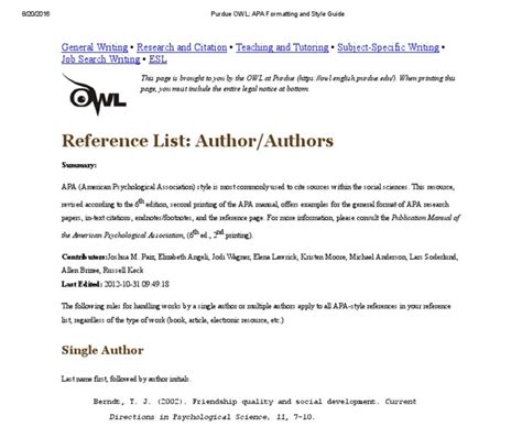 owl purdue  reference page  formatting  style guide